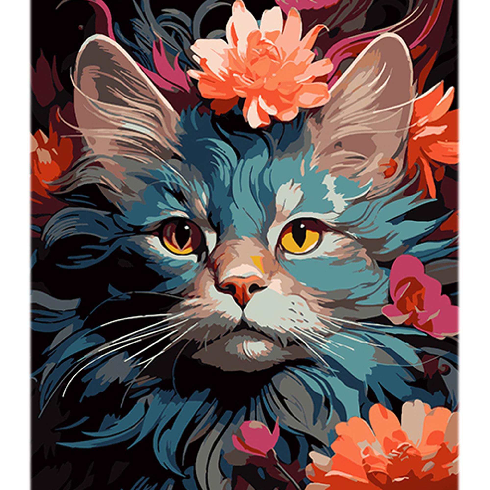 Malen nach Zahlen Strateg Feline florale Anmut auf schwarzem Hintergrund, Größe 40x50 cm (AH1105)