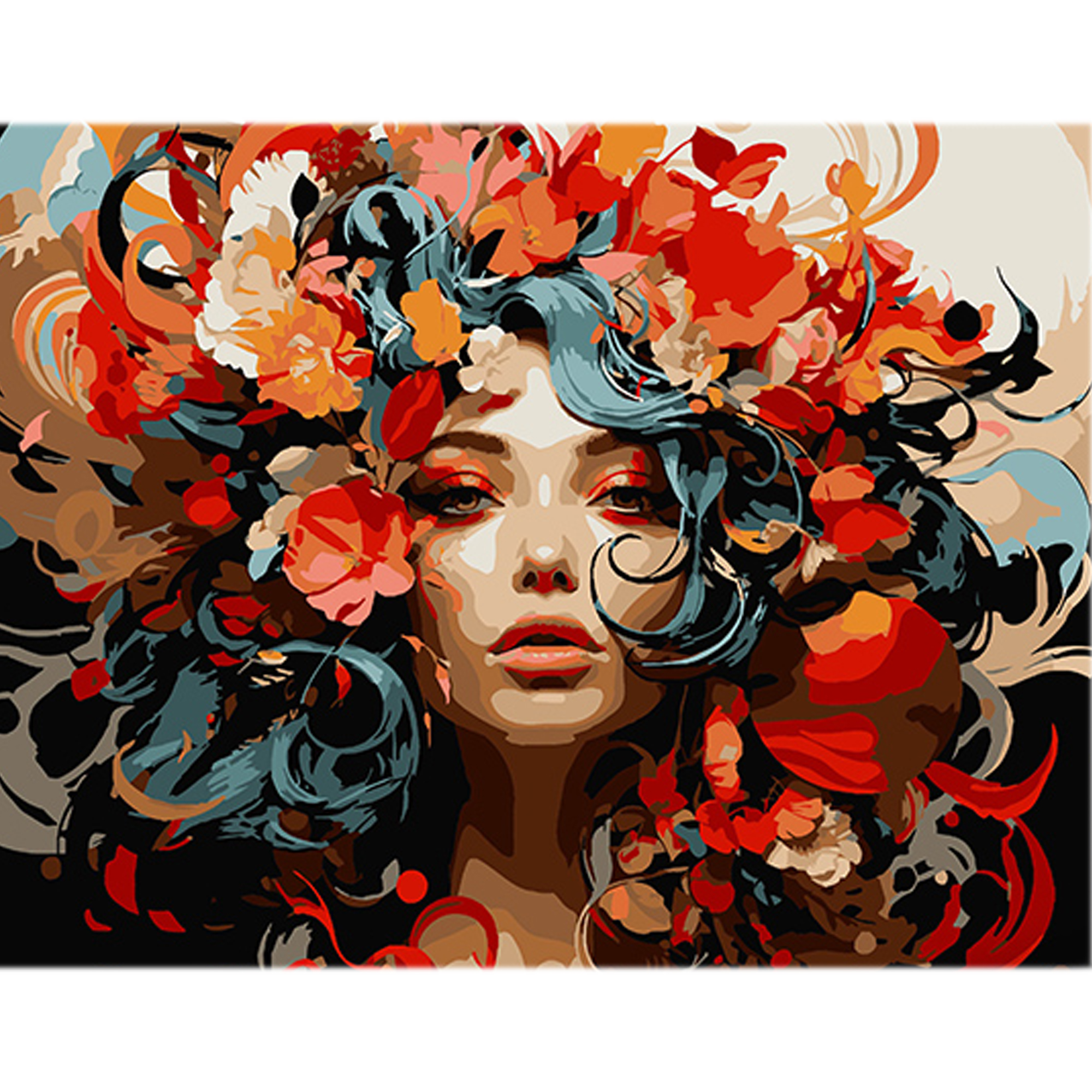 Paint by number Strateg Romance of flowers in hair on a black background size 40x50 cm (AH1115)