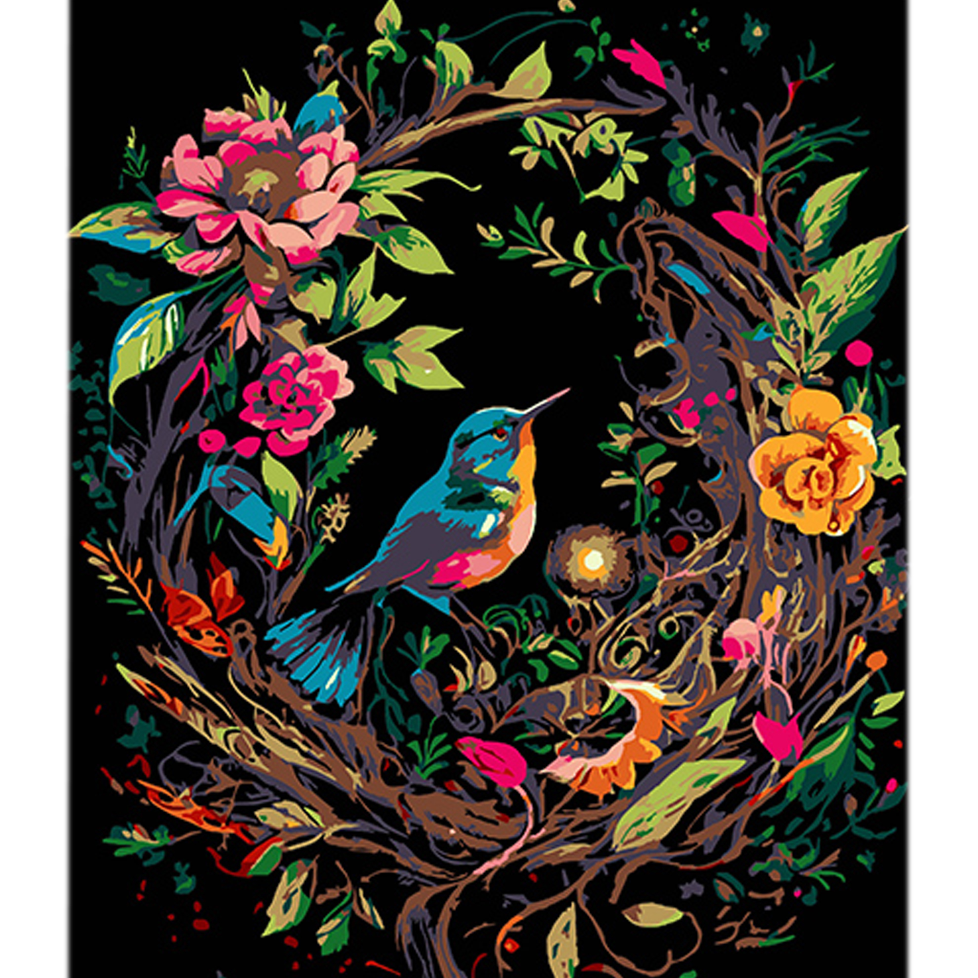 Paint by number Strateg Hummingbird among floral beauty on a black background size 40x50 cm (AH1120)