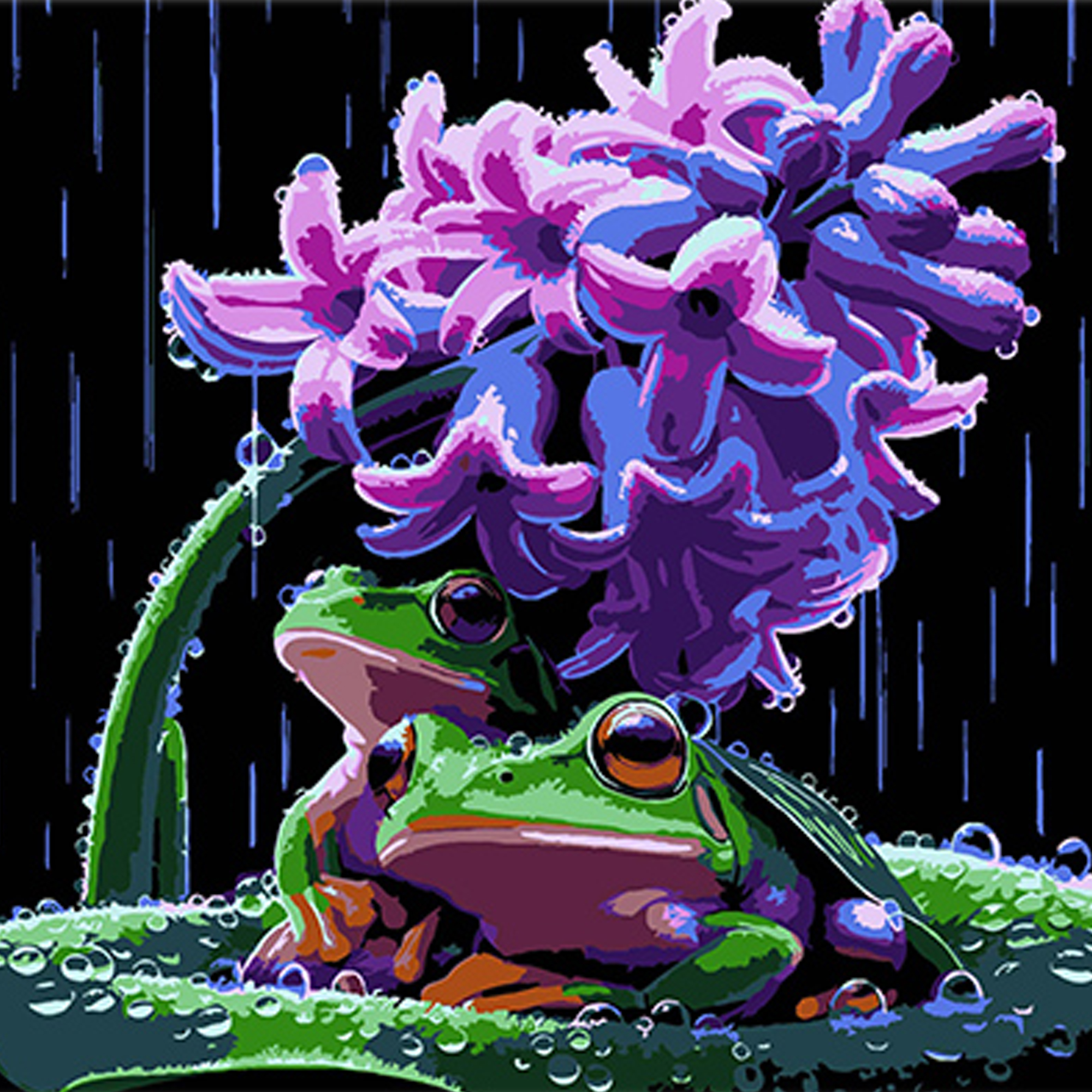 Paint by number Strateg PREMIUM Frogs and spring rain on a black background size 30x30 cm (SH3030-3)