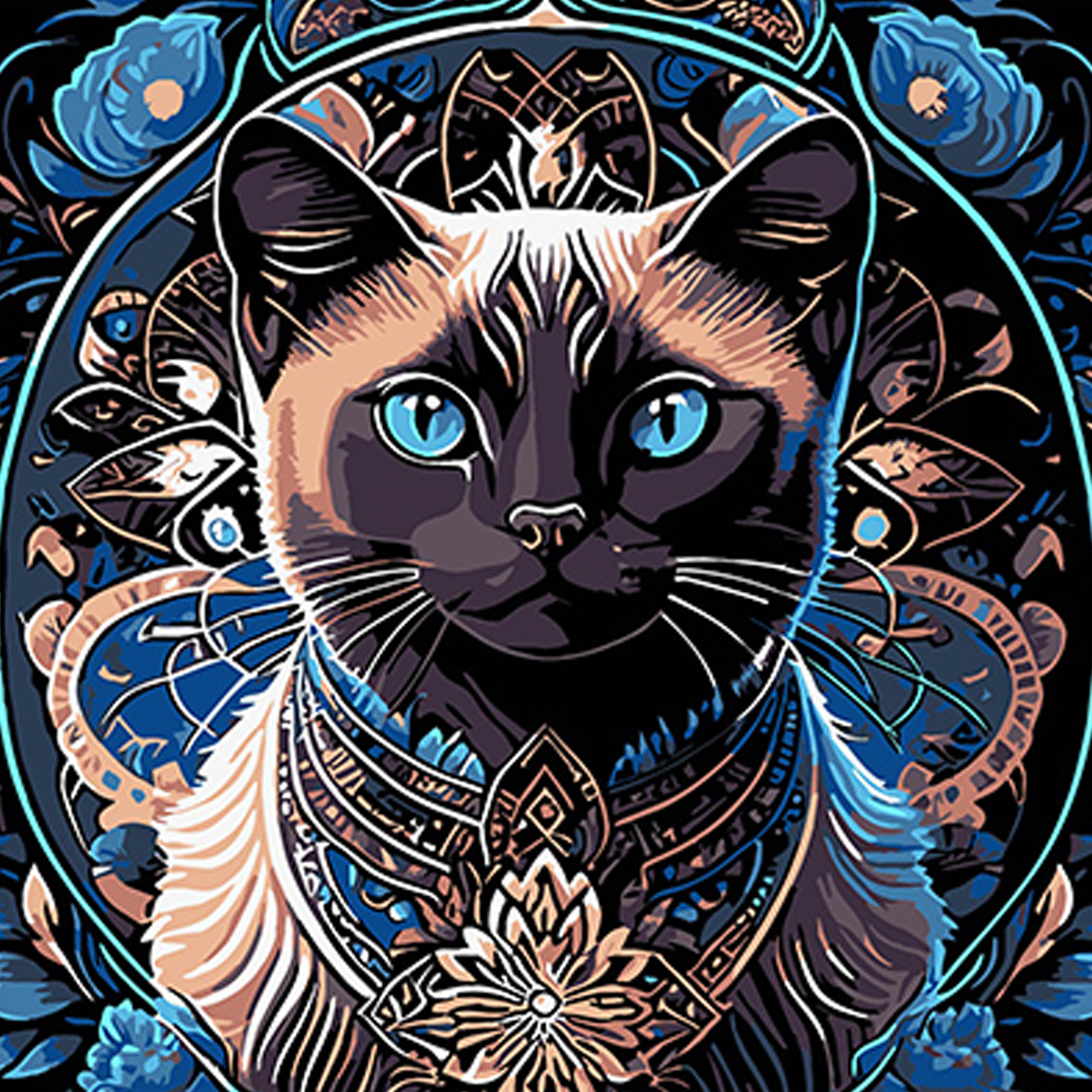 Paint by number Strateg PREMIUM Siamese cat in a mandala on a black background size 30x30 cm (SH3030-8)