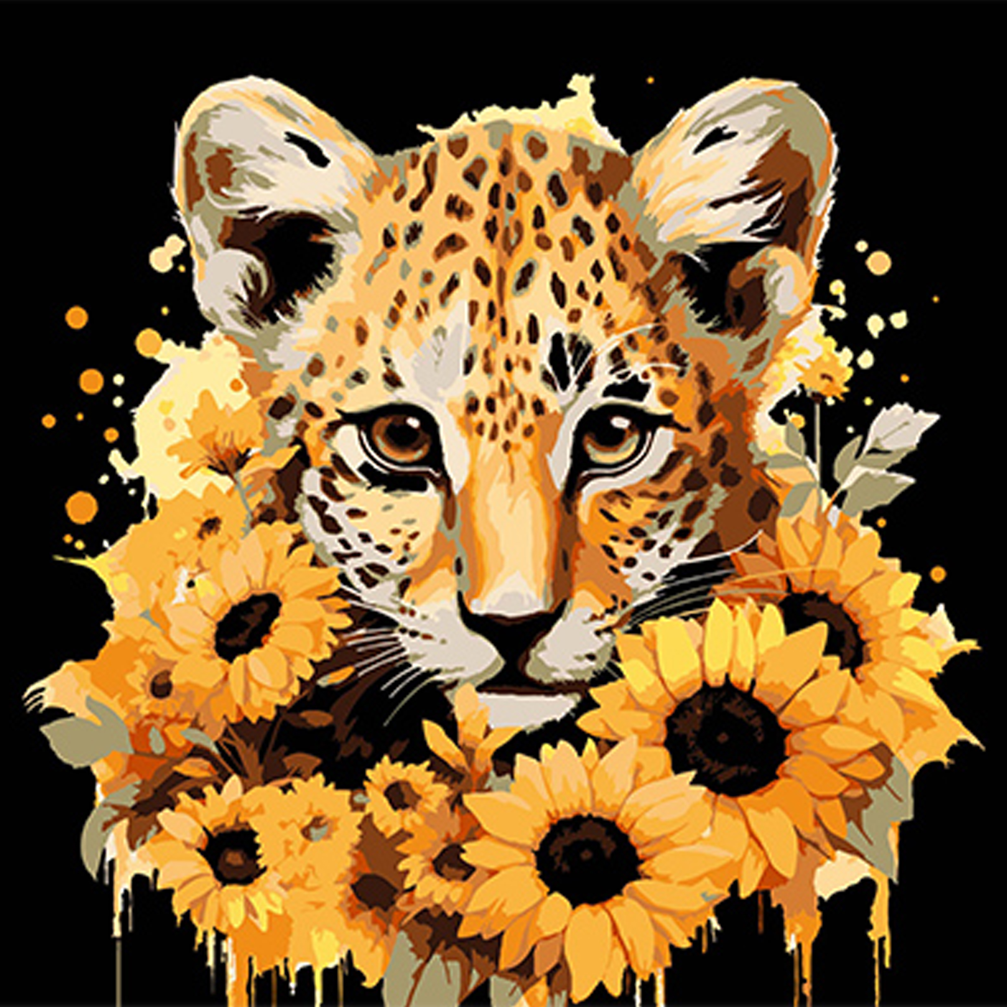 Malen nach Zahlen Strateg PREMIUM Leopard und goldene Sonnenblumen auf schwarzem Hintergrund, Größe 30x30 cm (SH3030-21)