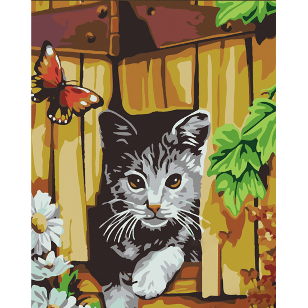 Paint by number Strateg PREMIUM Cat and butterfly near the fence with varnish and level 40x50 cm (SS6451)