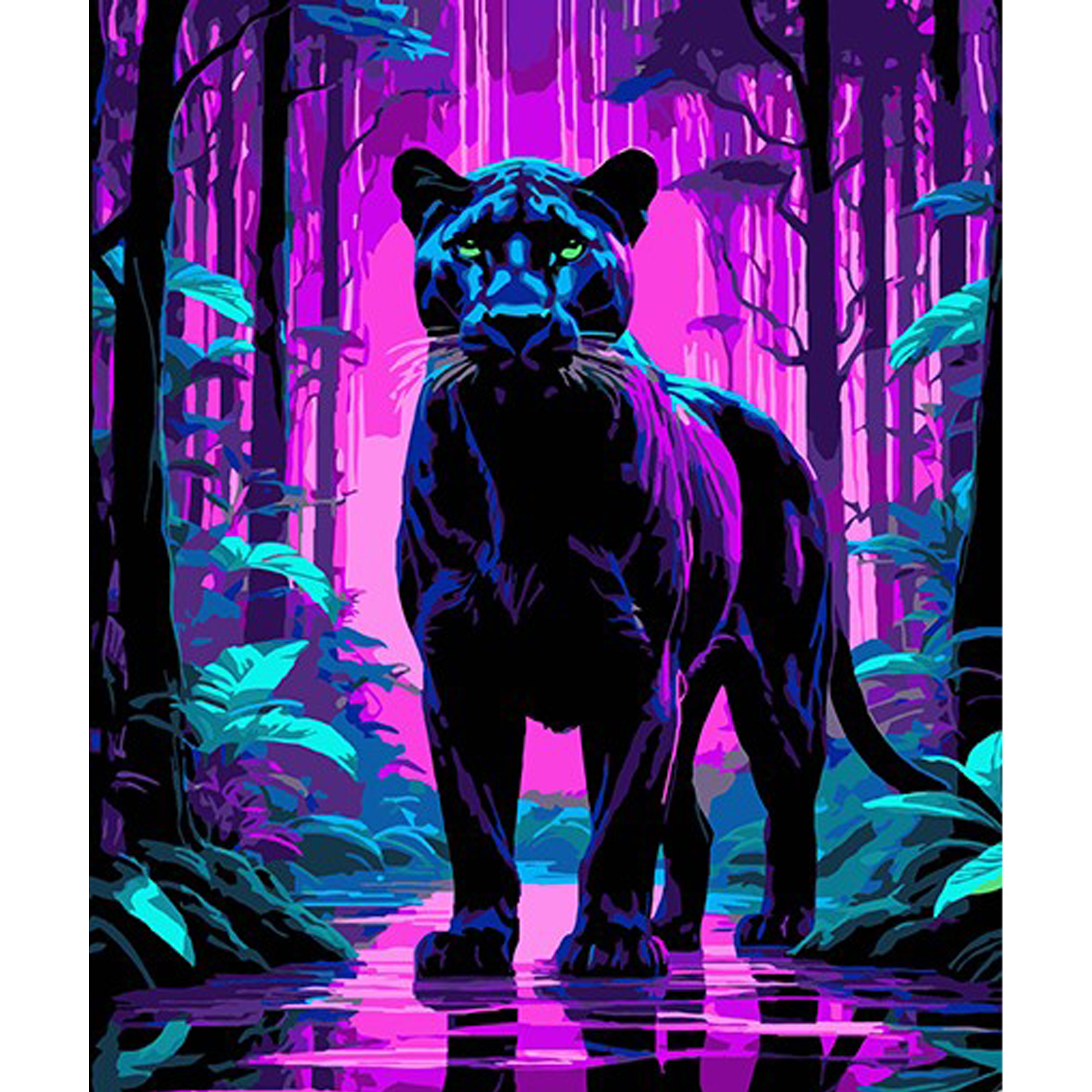 Paint by number Strateg PREMIUM Panther among the purple tropics on a black background size 30x40 cm (FH-12)