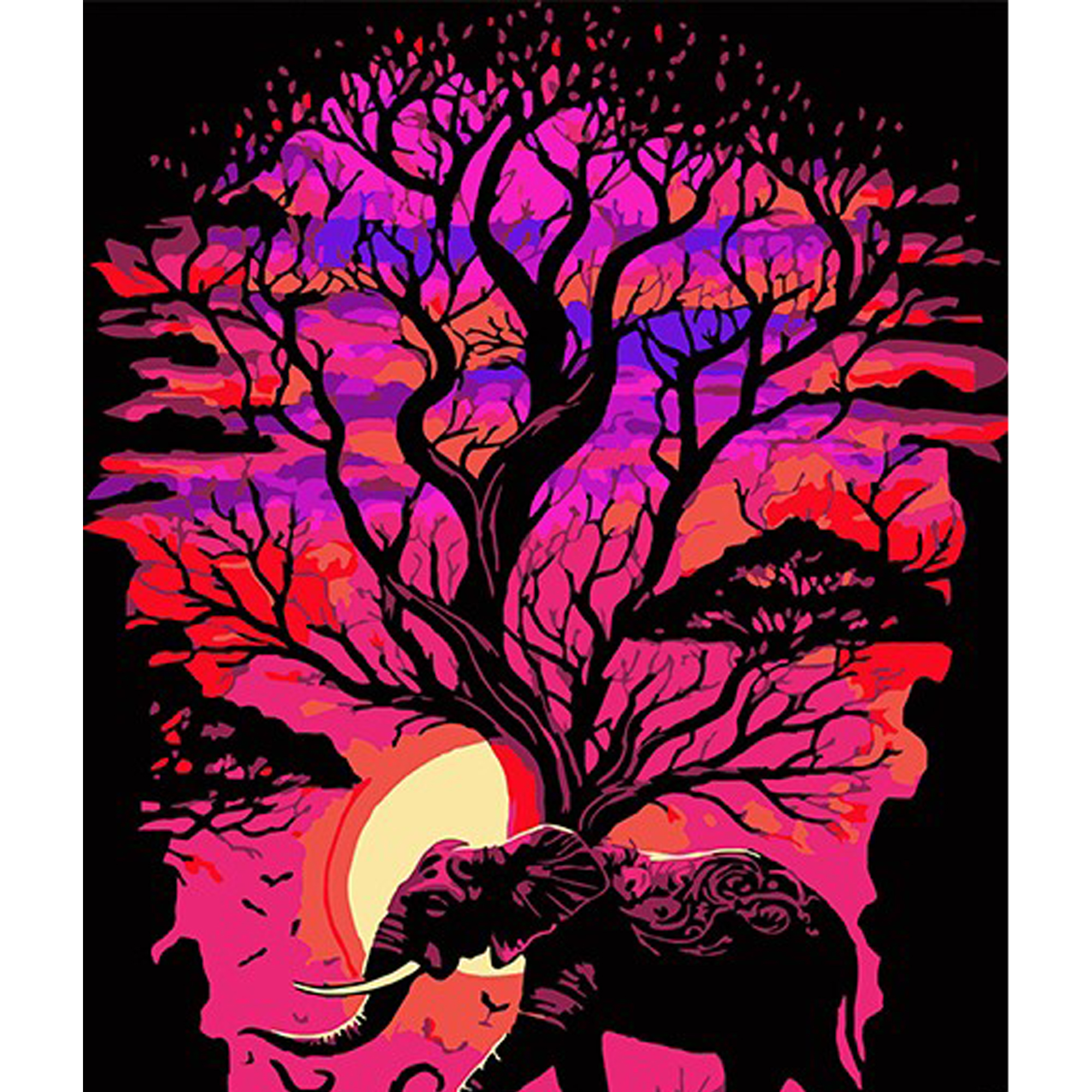 Paint by number Strateg PREMIUM An elephant on safari in pink shades on a black background, size 30x40 cm (FH-17)