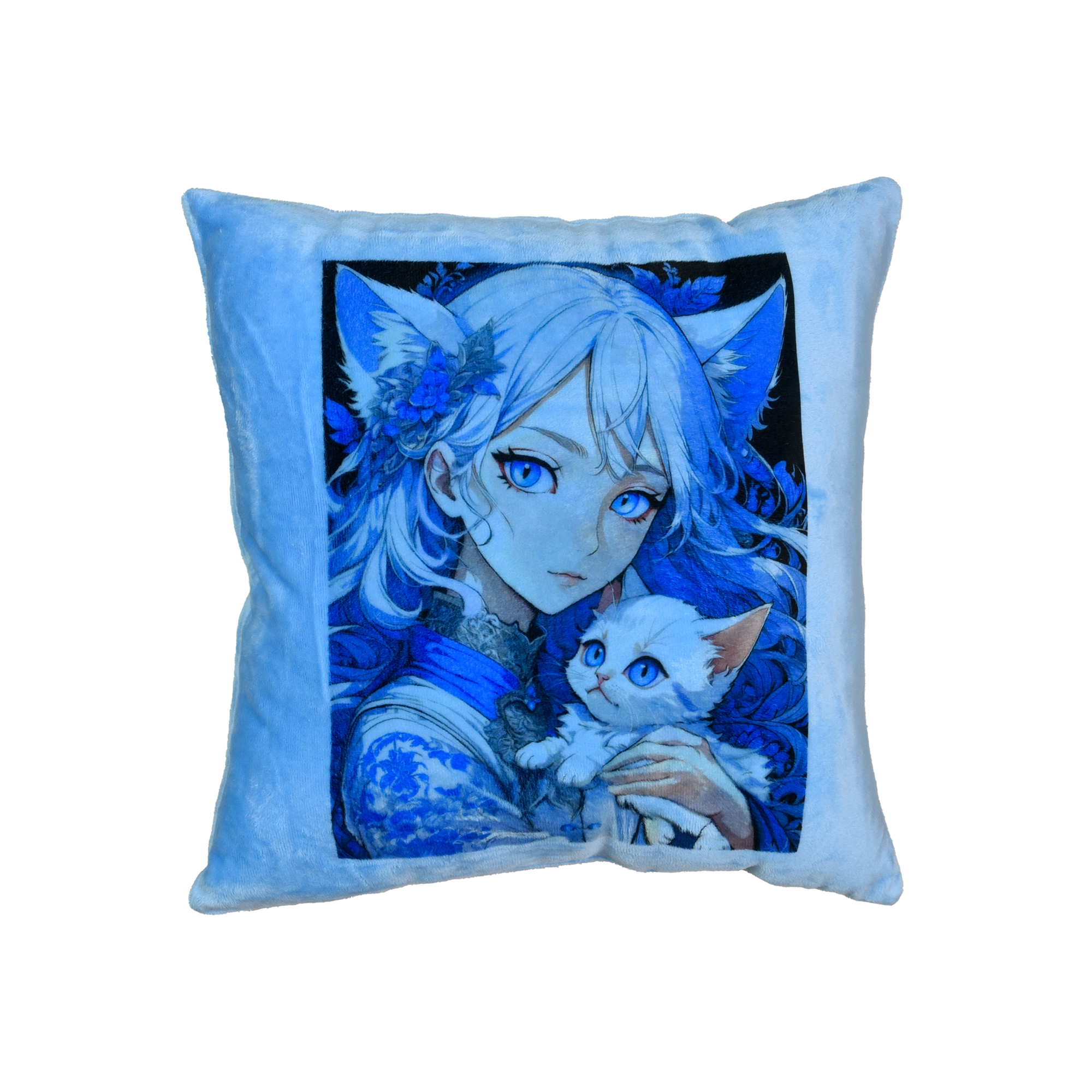 Plüschkissen „Anime-Mädchen mit Kätzchen“ Größe 35*35 cm blau (60731)