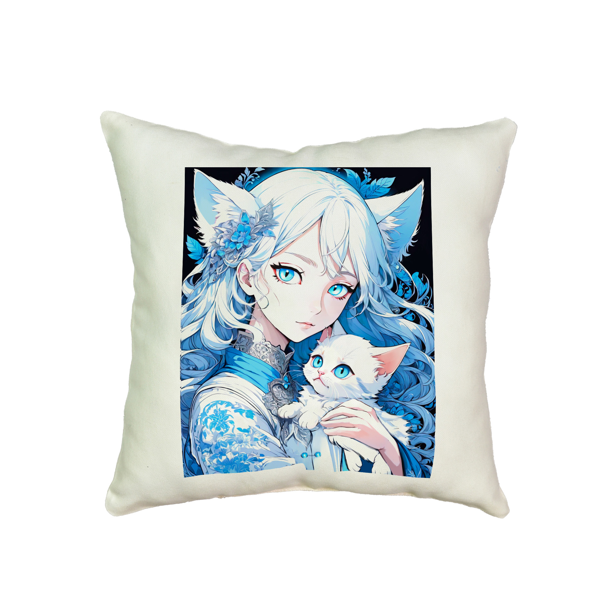 Mikrovelourskissen „Anime-Mädchen mit Kätzchen“ Größe 35*35 cm milchig (60725)