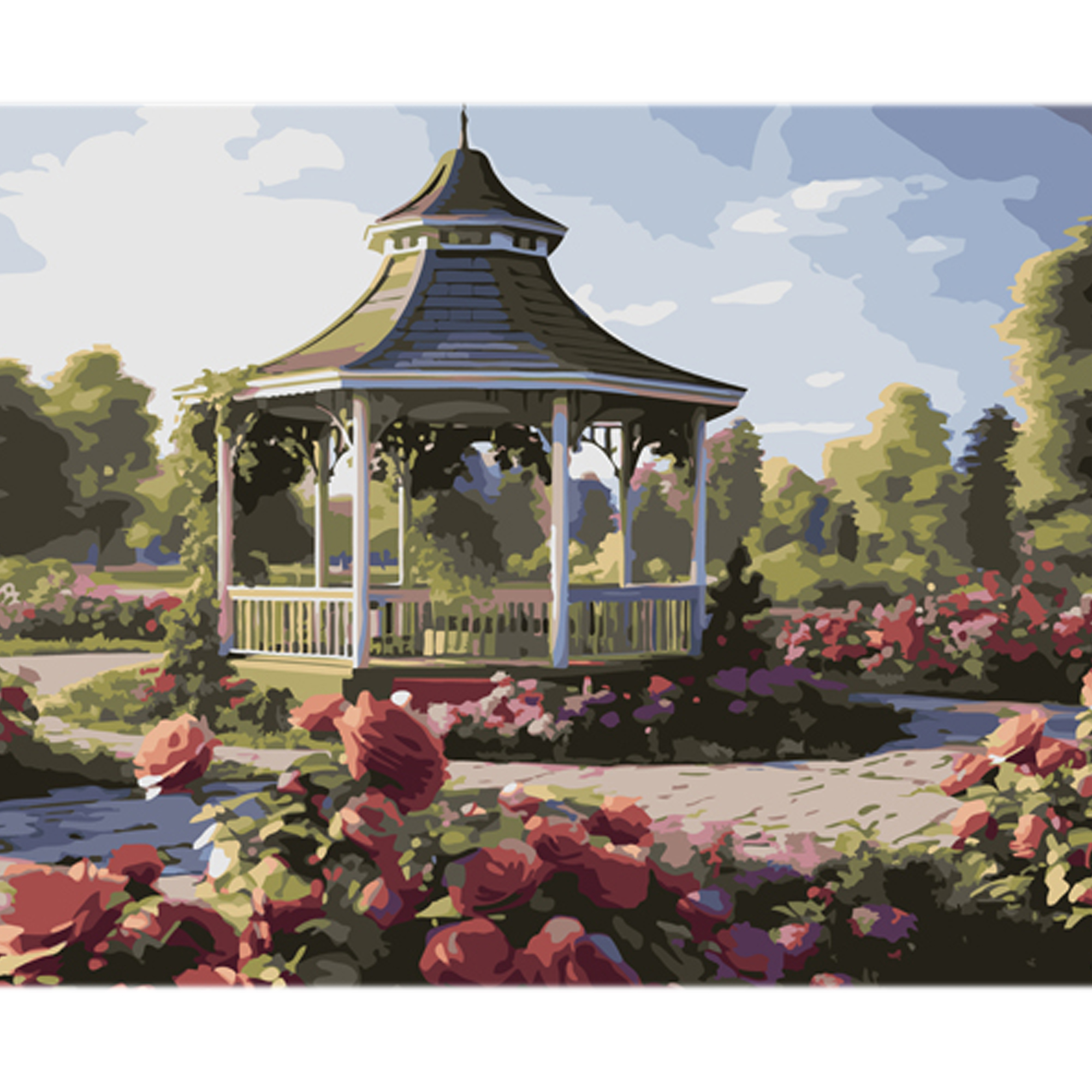 Malen nach Zahlen Strateg Gazebo zwischen Blumen auf farbigem Hintergrund, Größe 40x50 cm (MZ053)