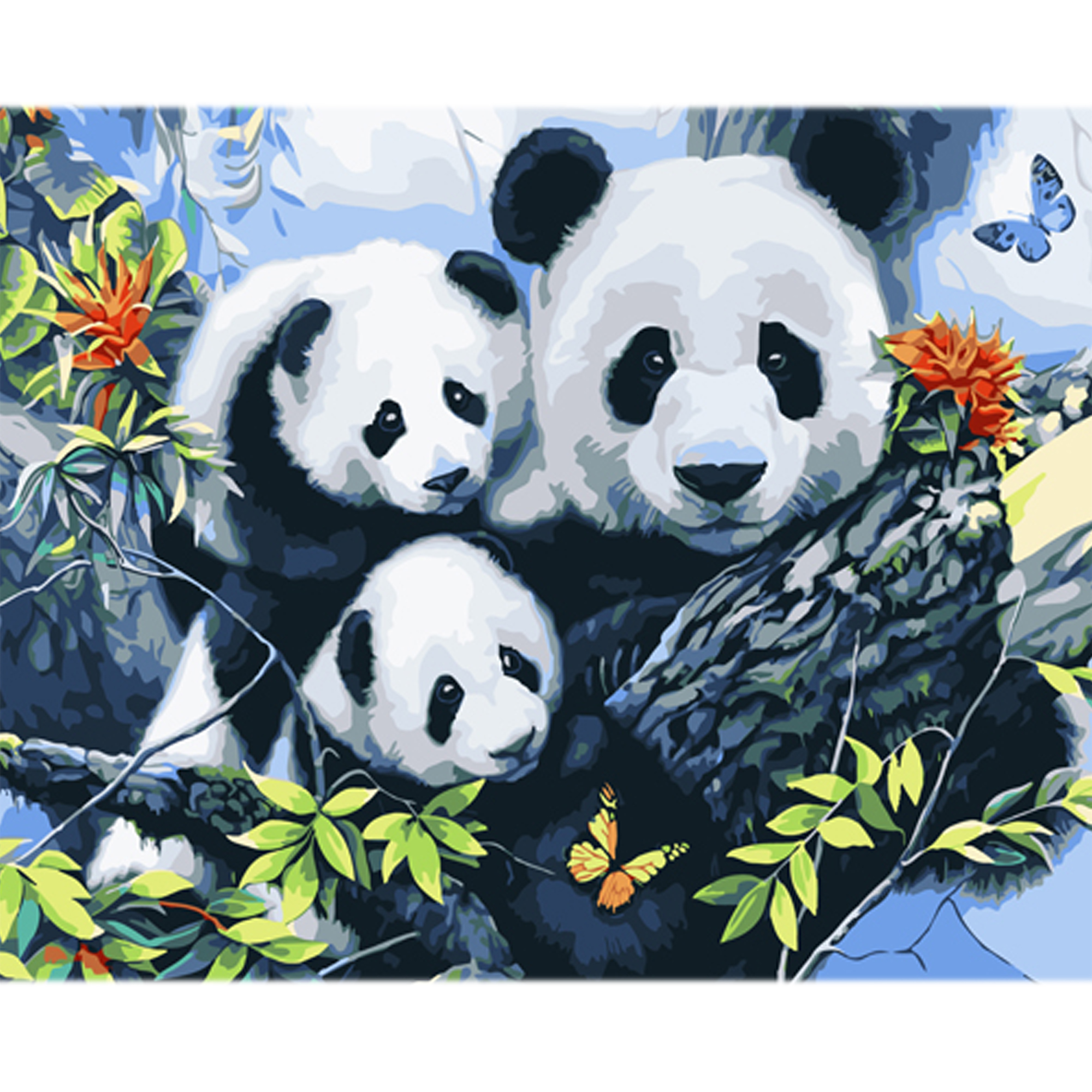 Malen nach Zahlen Strateg Drei Pandas auf farbigem Hintergrund, Größe 40x50 cm (MZ059)