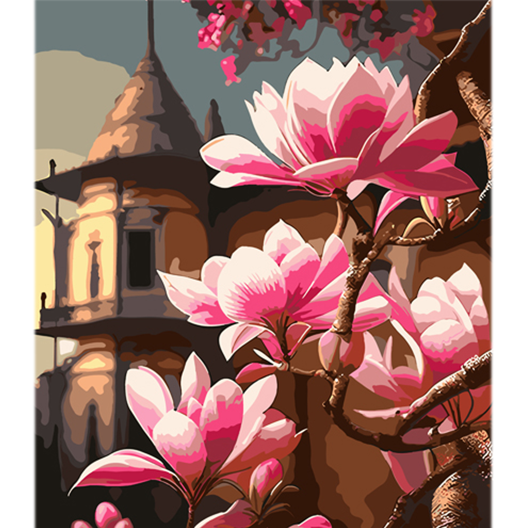 Malen nach Zahlen Strateg Sakura auf dem Hintergrund einer chinesischen Pagode auf farbigem Hintergrund, Größe 40x50 cm (MZ066)