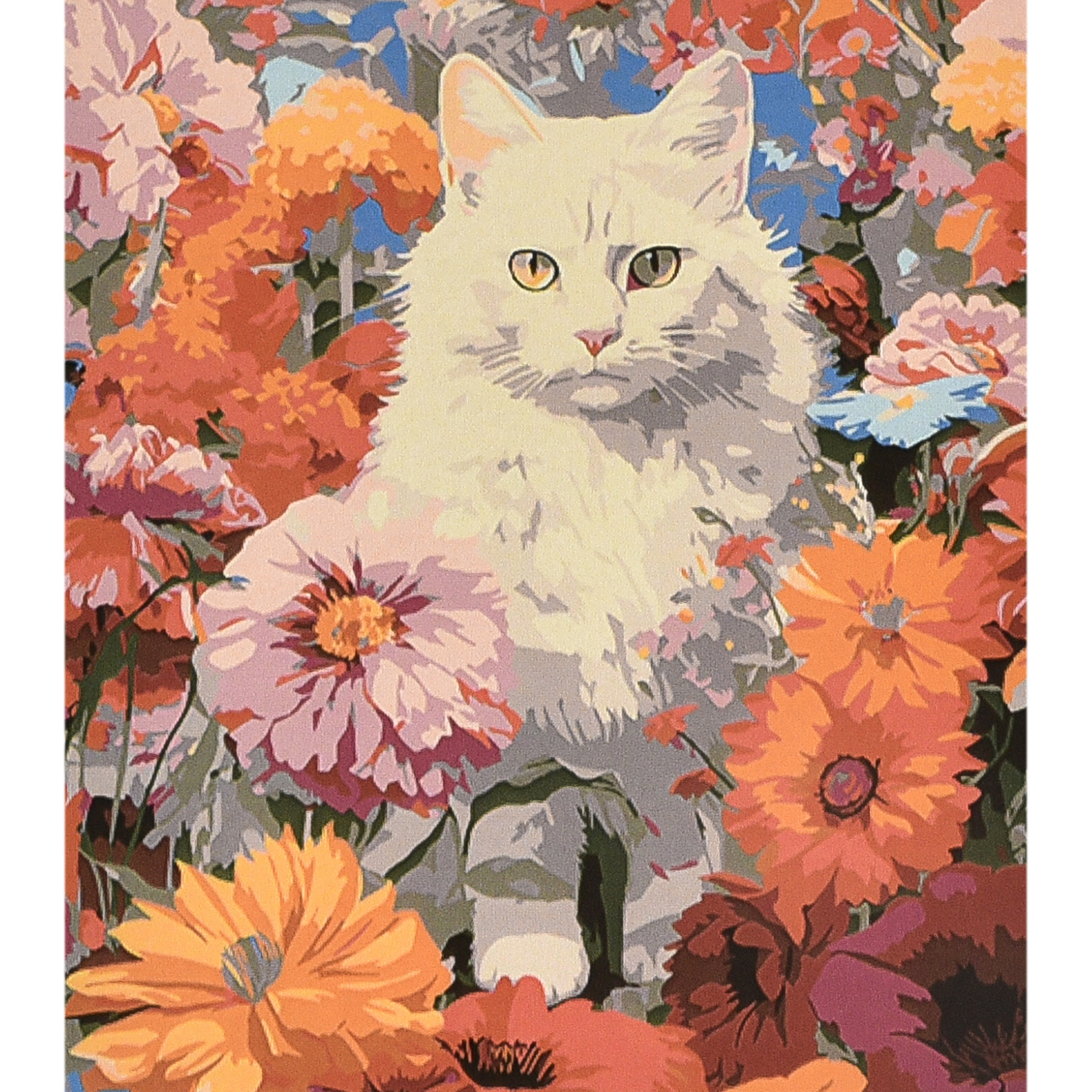 Malen nach Zahlen Strateg PREMIUM Weiße Katze in der Welt der Blumen mit Lack und Wasserwaage, Größe 40x50 cm (VA-4620)