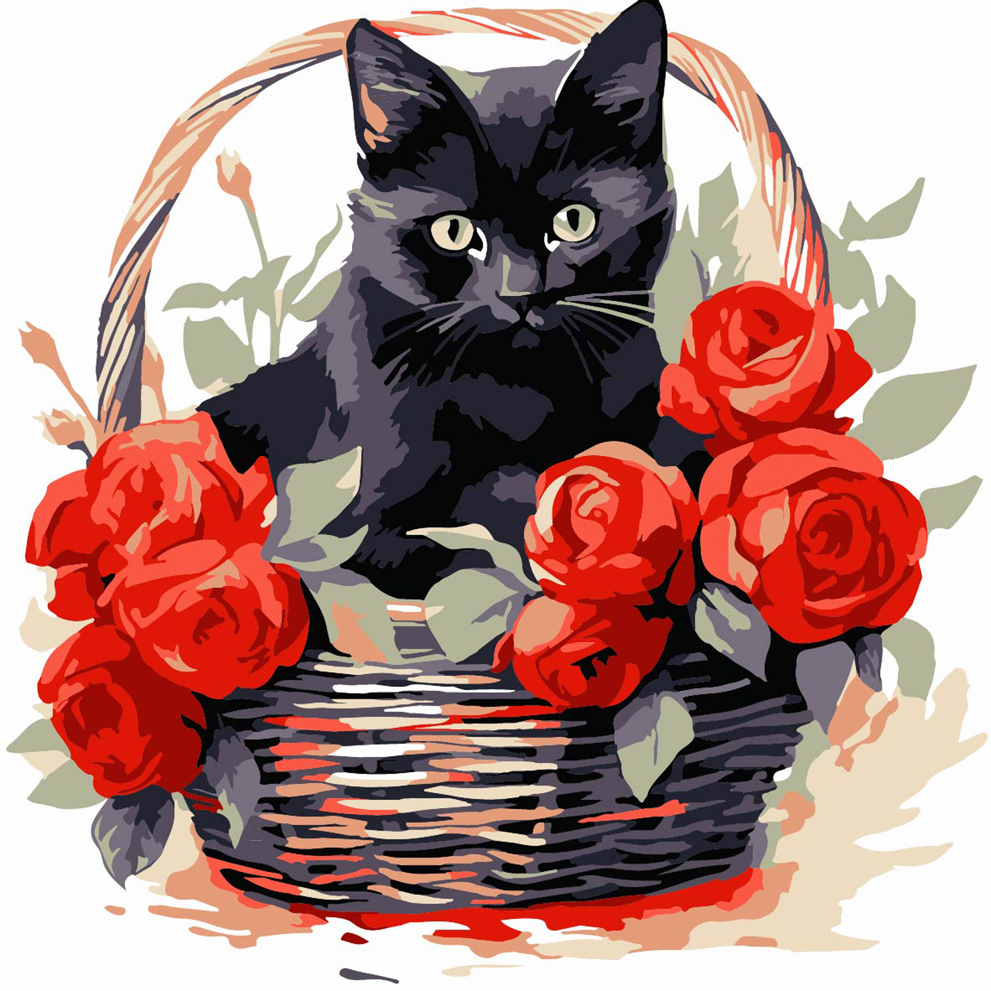 Черная кошка с розами 