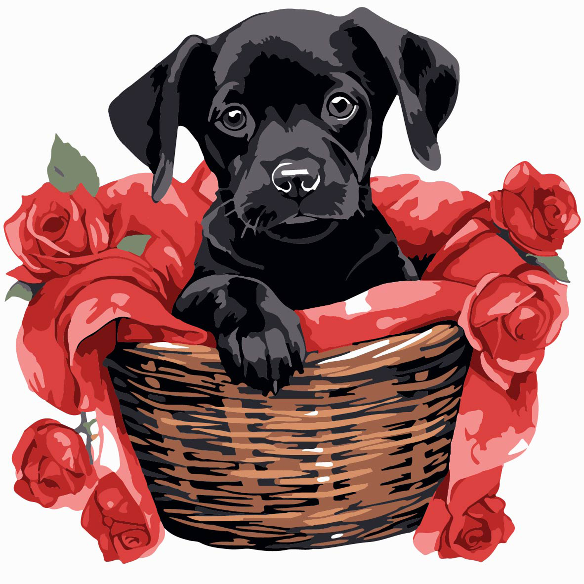 Черный щенок с розами 