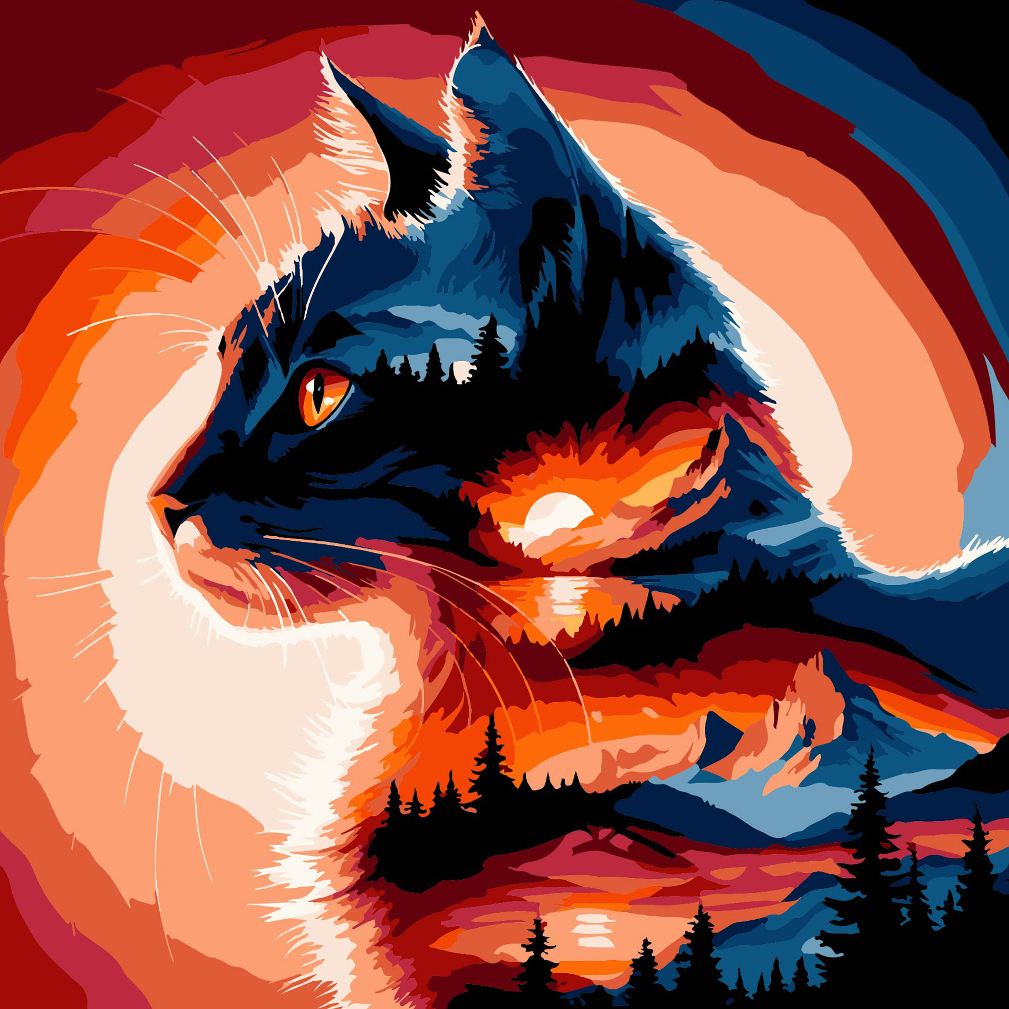 Cat at sunset on a black background size 