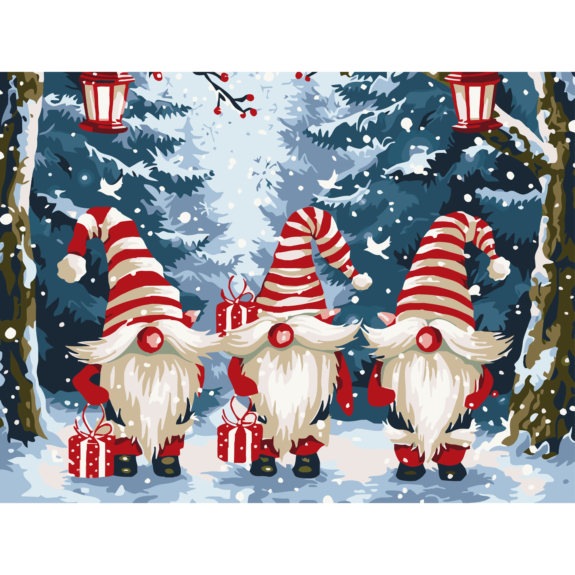 Malen nach Zahlen Strategie PREMIUM Gnome mit Geschenken mit Lack und Wasserwaage, 30 x 40 cm (SS1243)