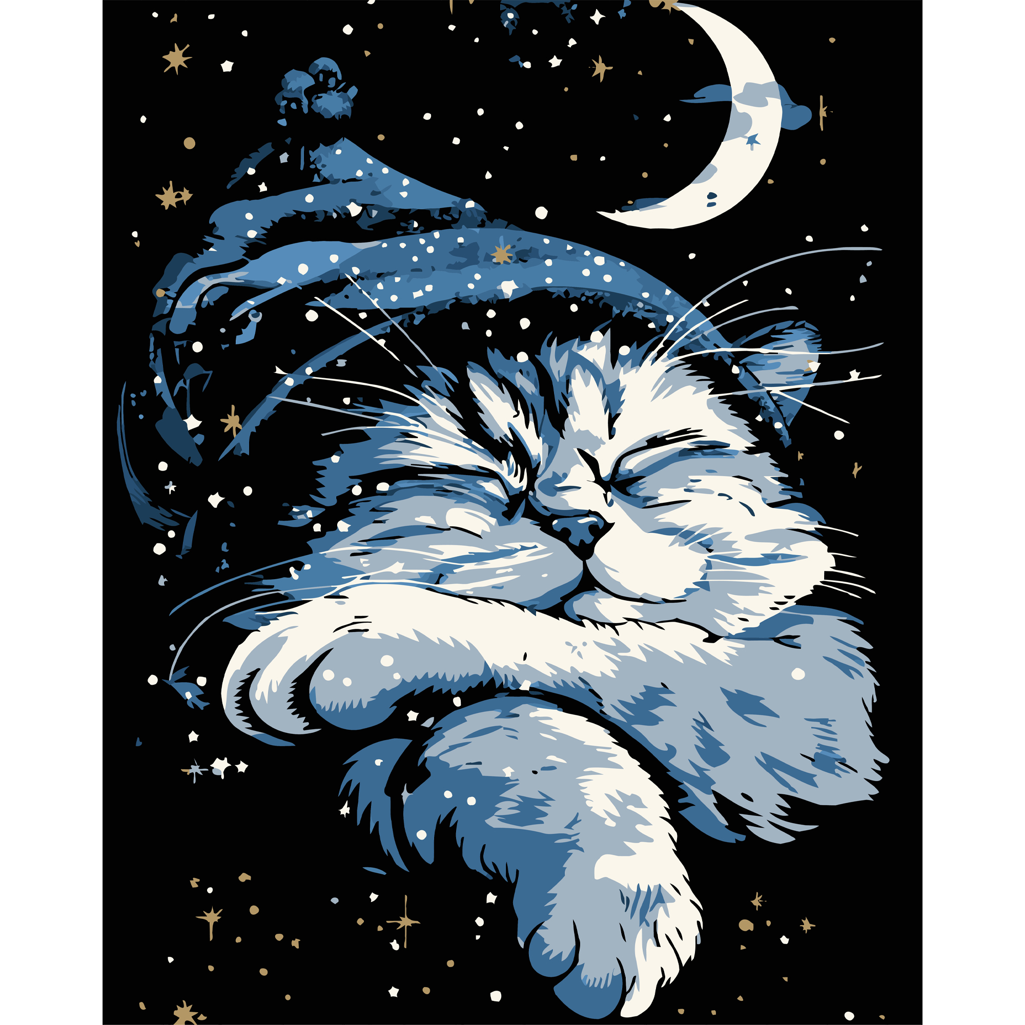 Кот во сне на черном фоне 