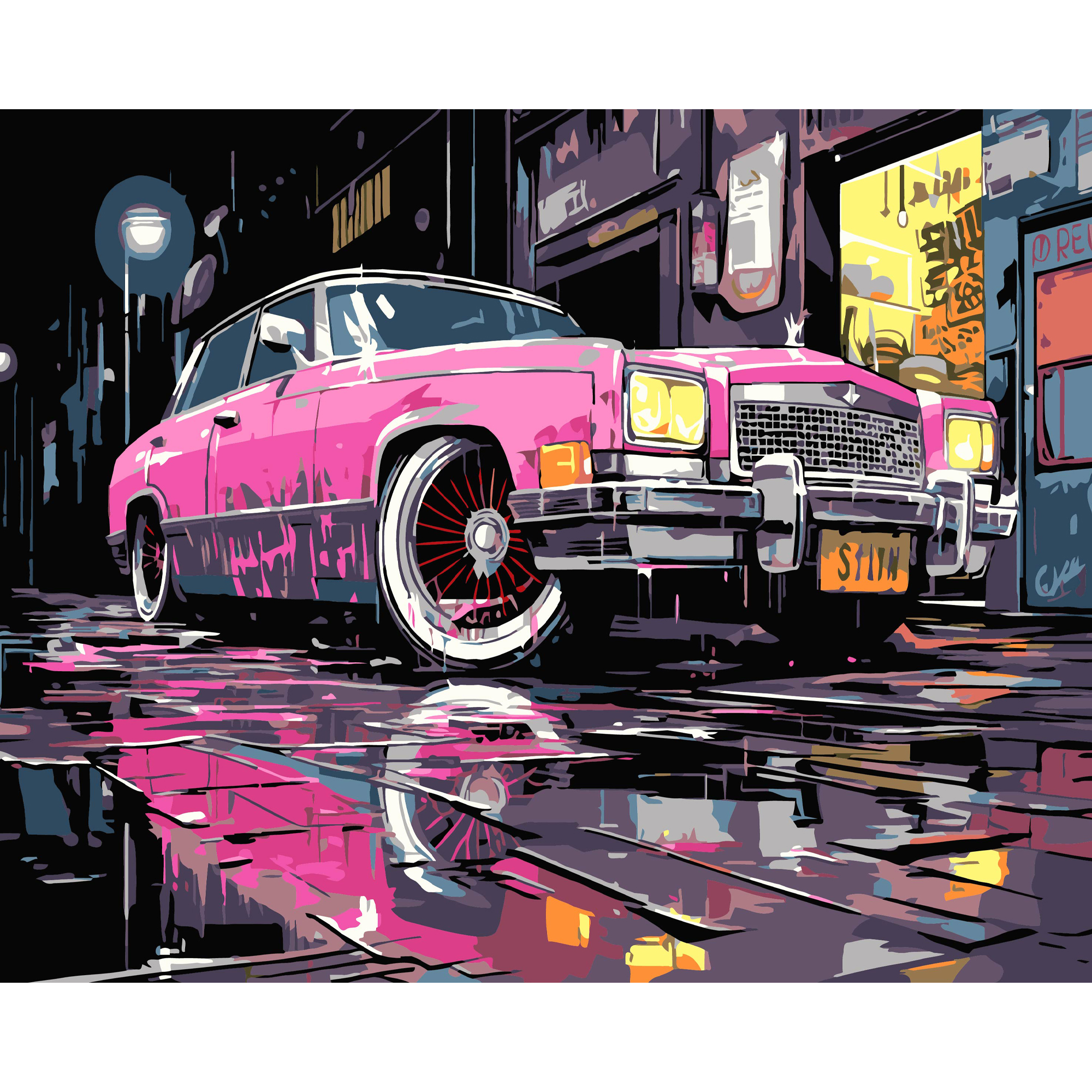 Розовая машина на черном фоне 