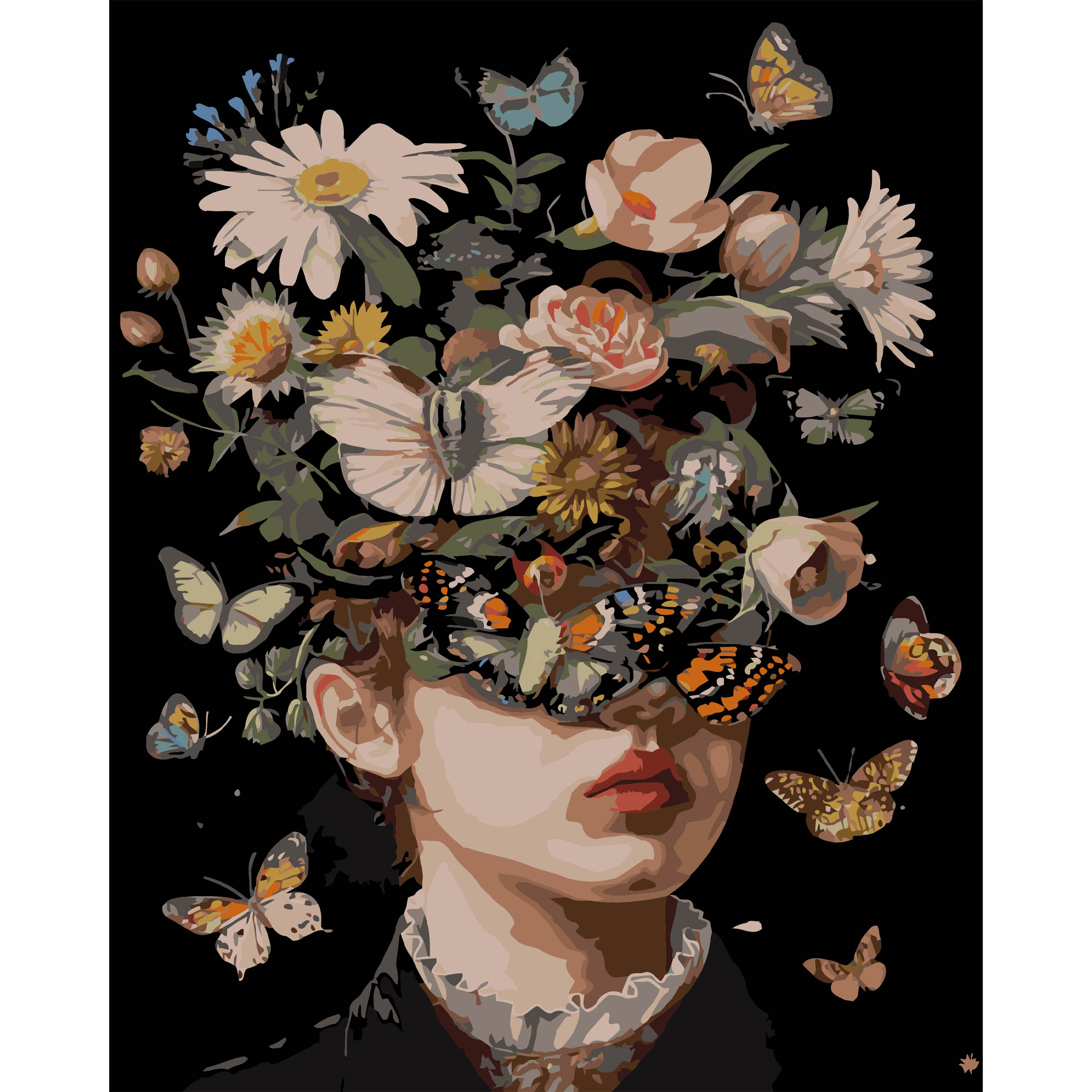 Девушка и бабочки на черном фоне 