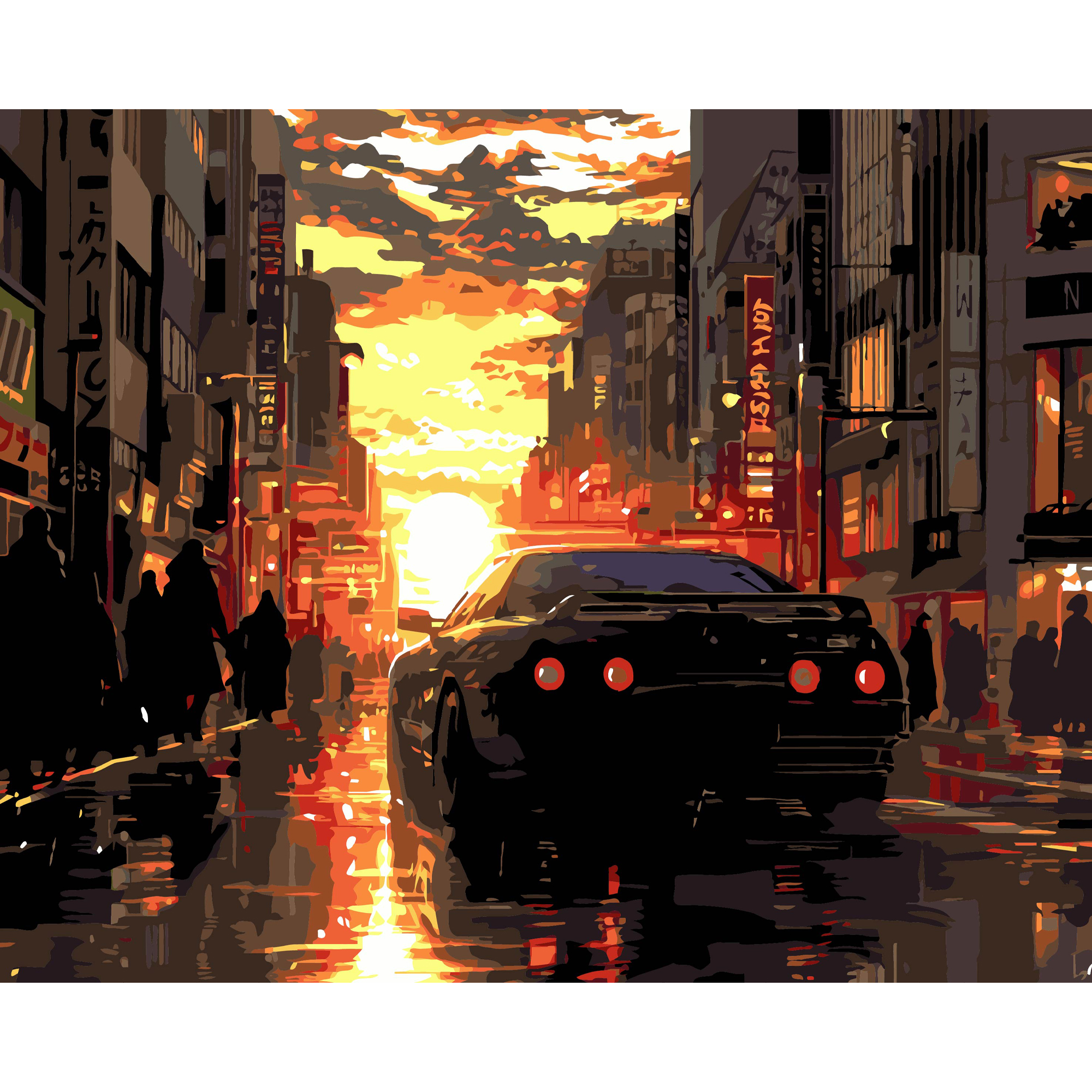 Car at sunset on a black background size 