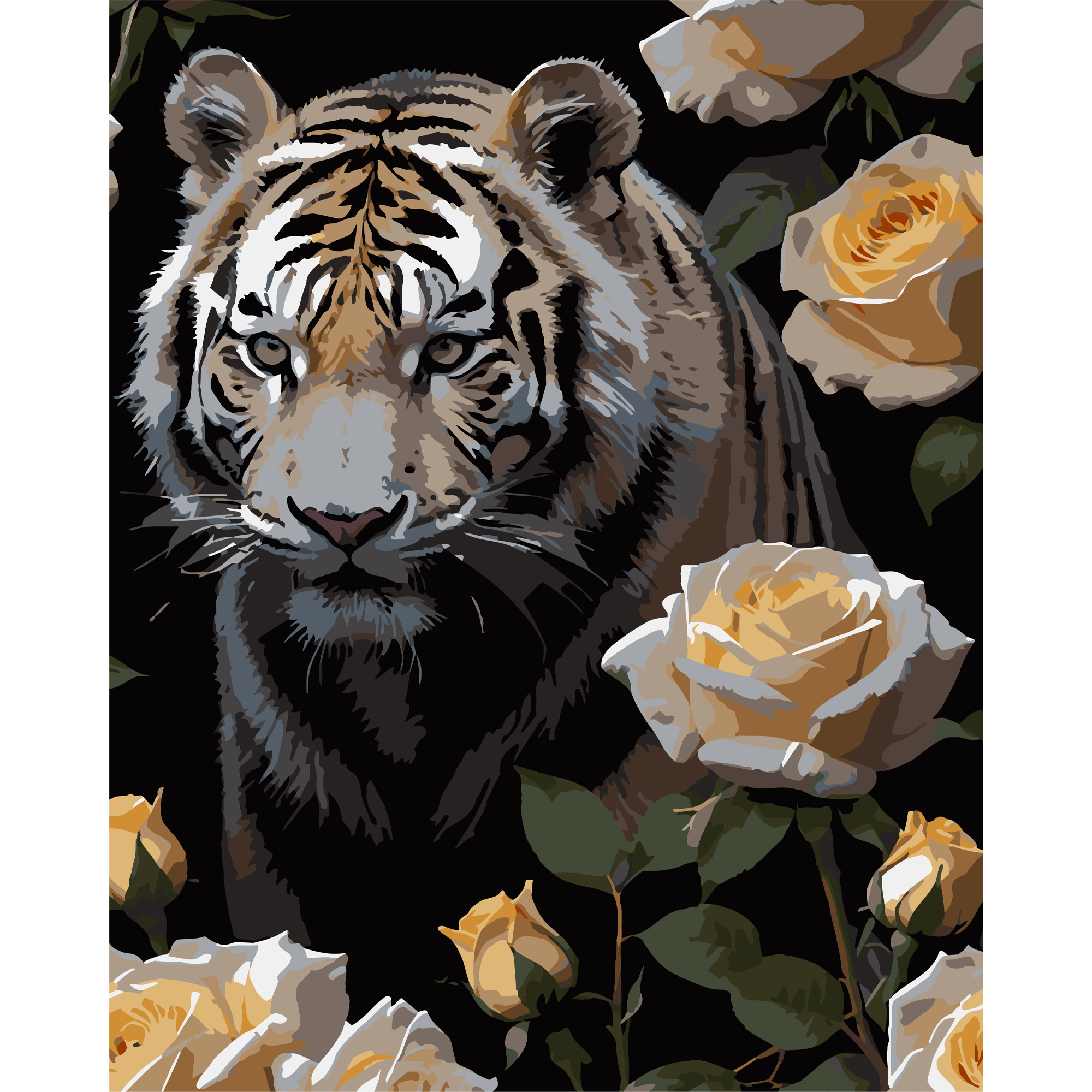 Malen nach Zahlen Strateg PREMIUM Tiger in Rosen auf schwarzem Hintergrund, 