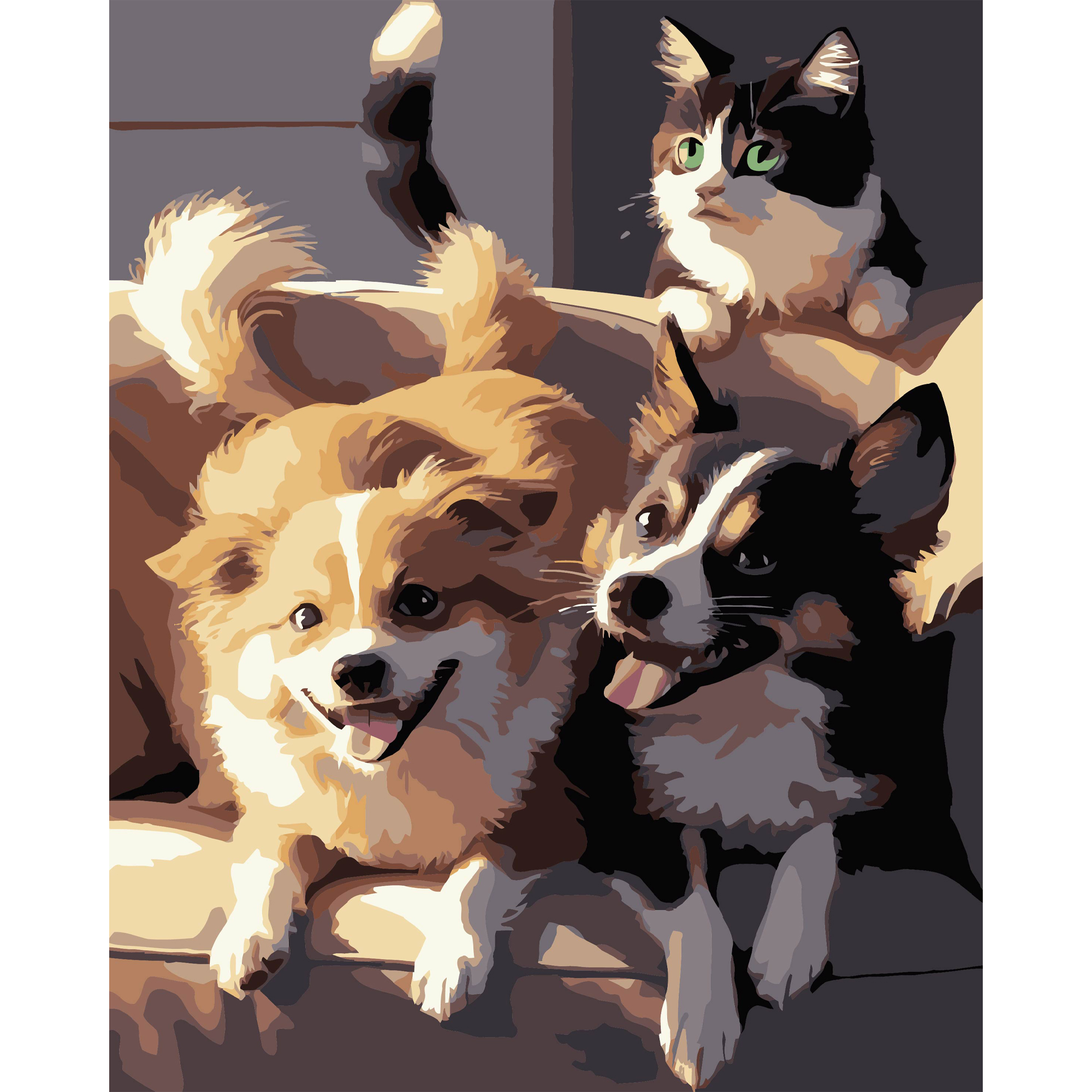 Дві собаки і кіт на чорному фоні 