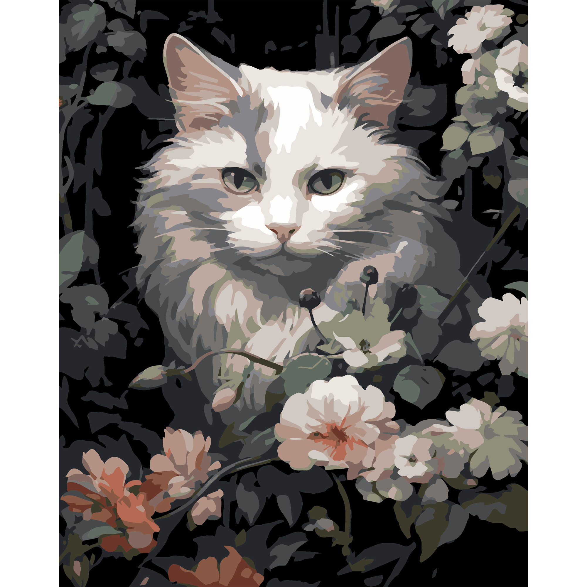 Кот в цветах на черном фоне 