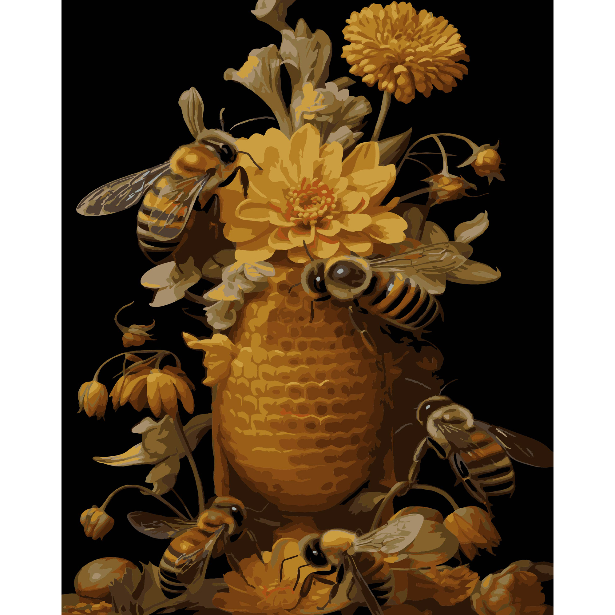 Malen nach Zahlen Strateg PREMIUM Bienen und Blumen auf schwarzem Hintergrund, 40 x 50 cm (AH1194-16)