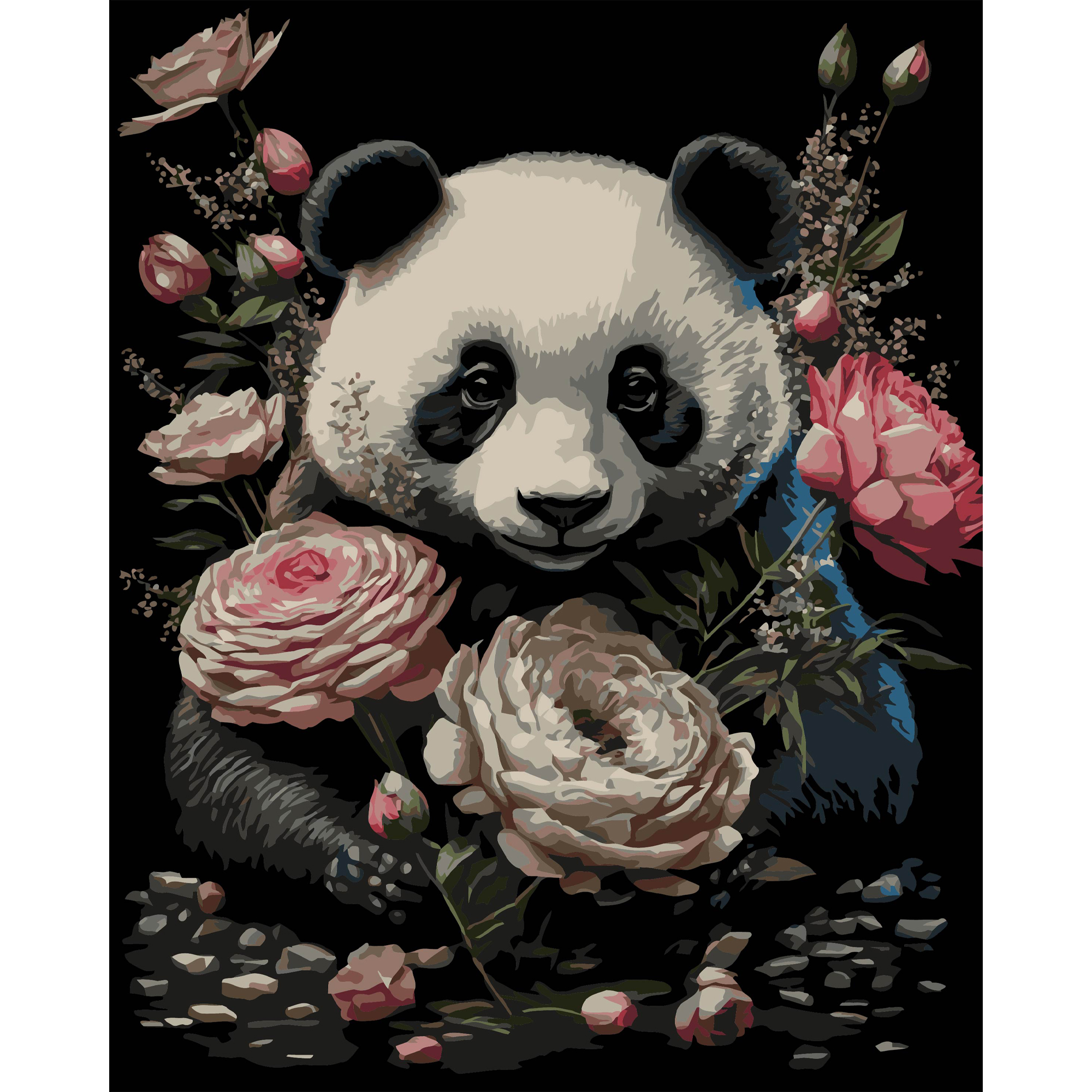 Malen nach Zahlen Strategie PREMIUM Panda mit Blumen auf schwarzem Hintergrund, 40 x 50 cm (AH1200-19)