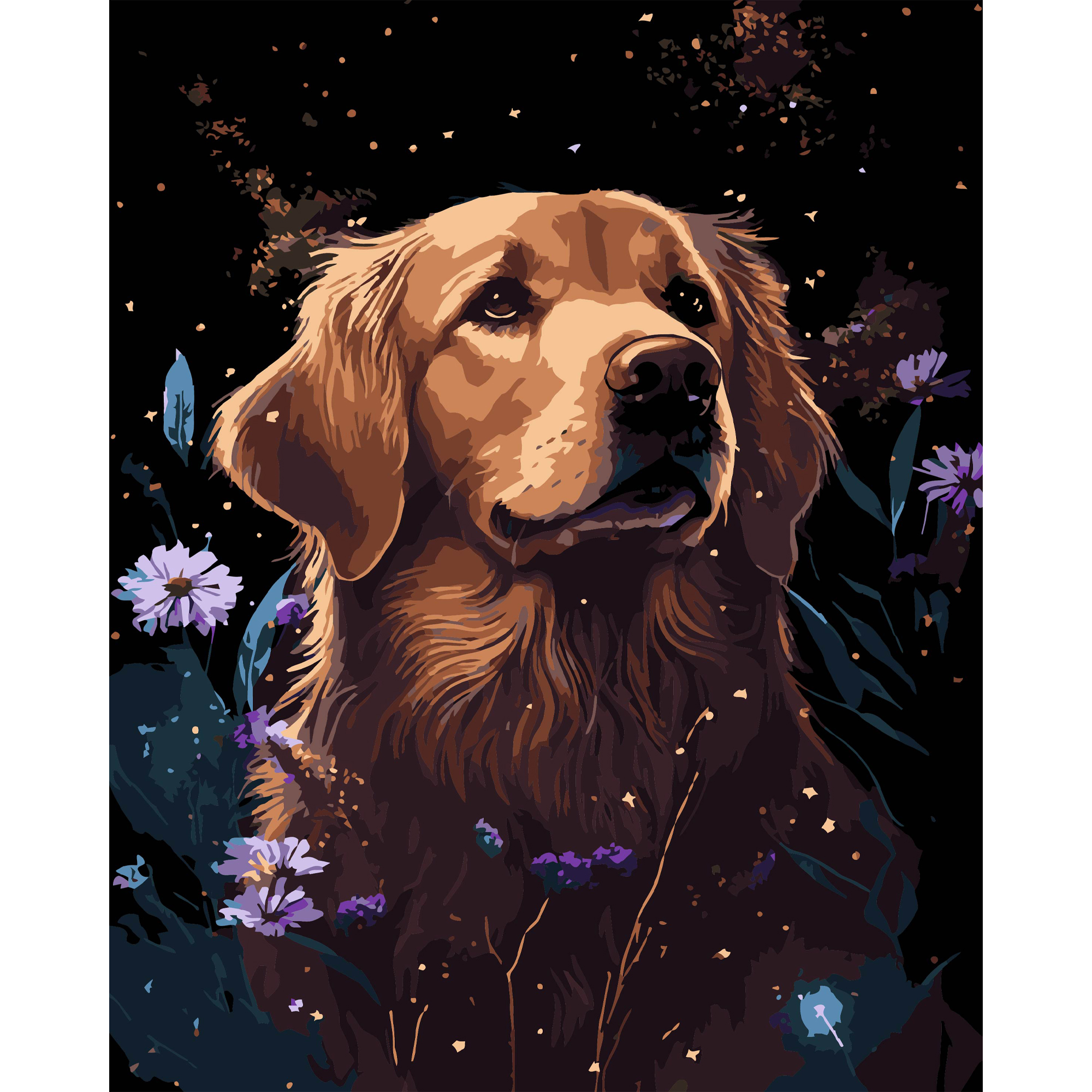 Ретривер в цветах на черном фоне 