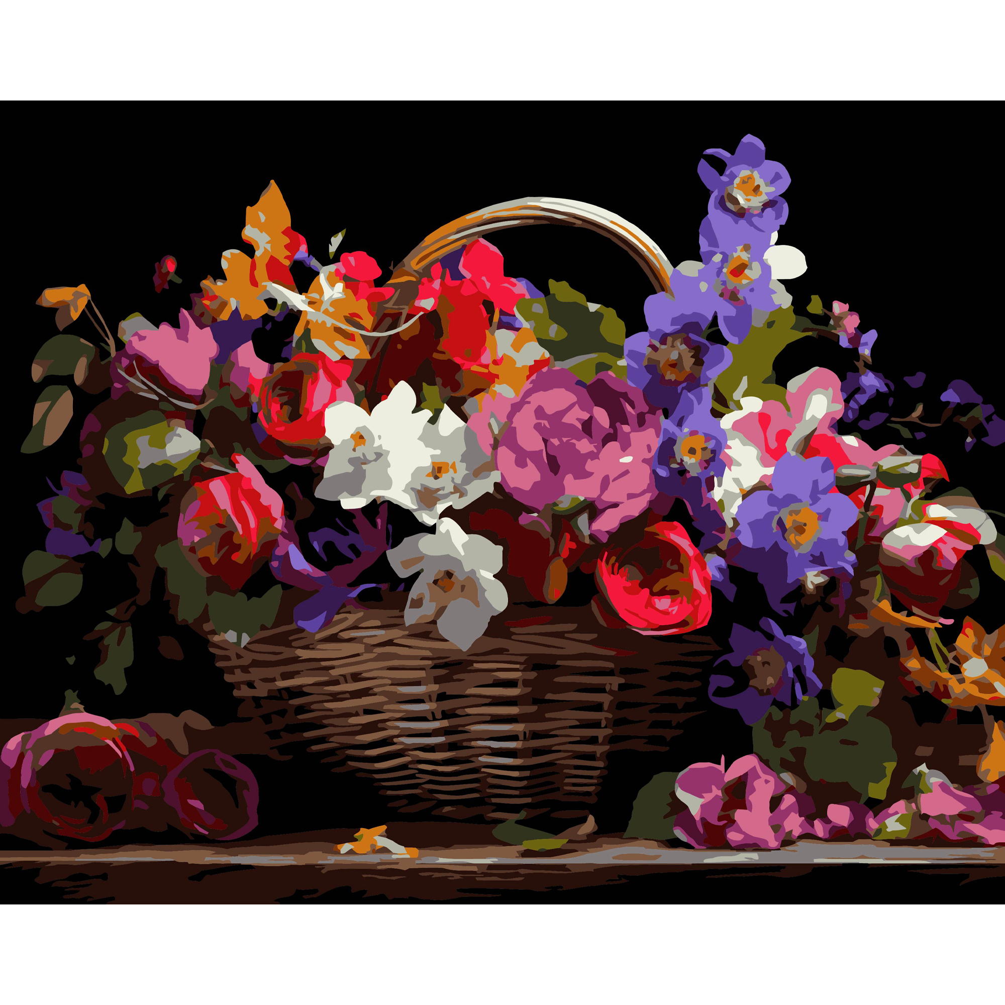 Кошик різнокольорових квітів на чорному фоні 