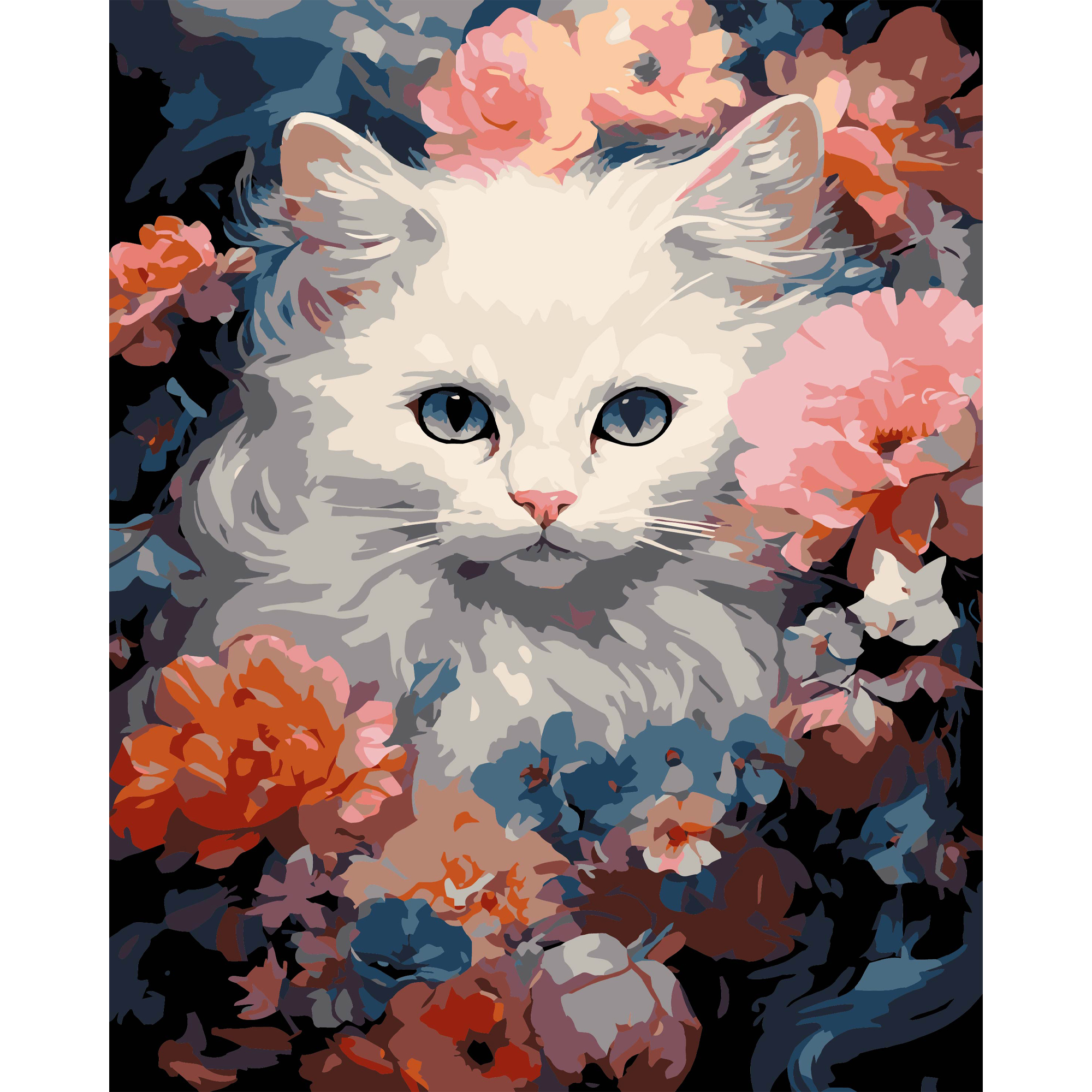 Белая кошка на черном фоне 