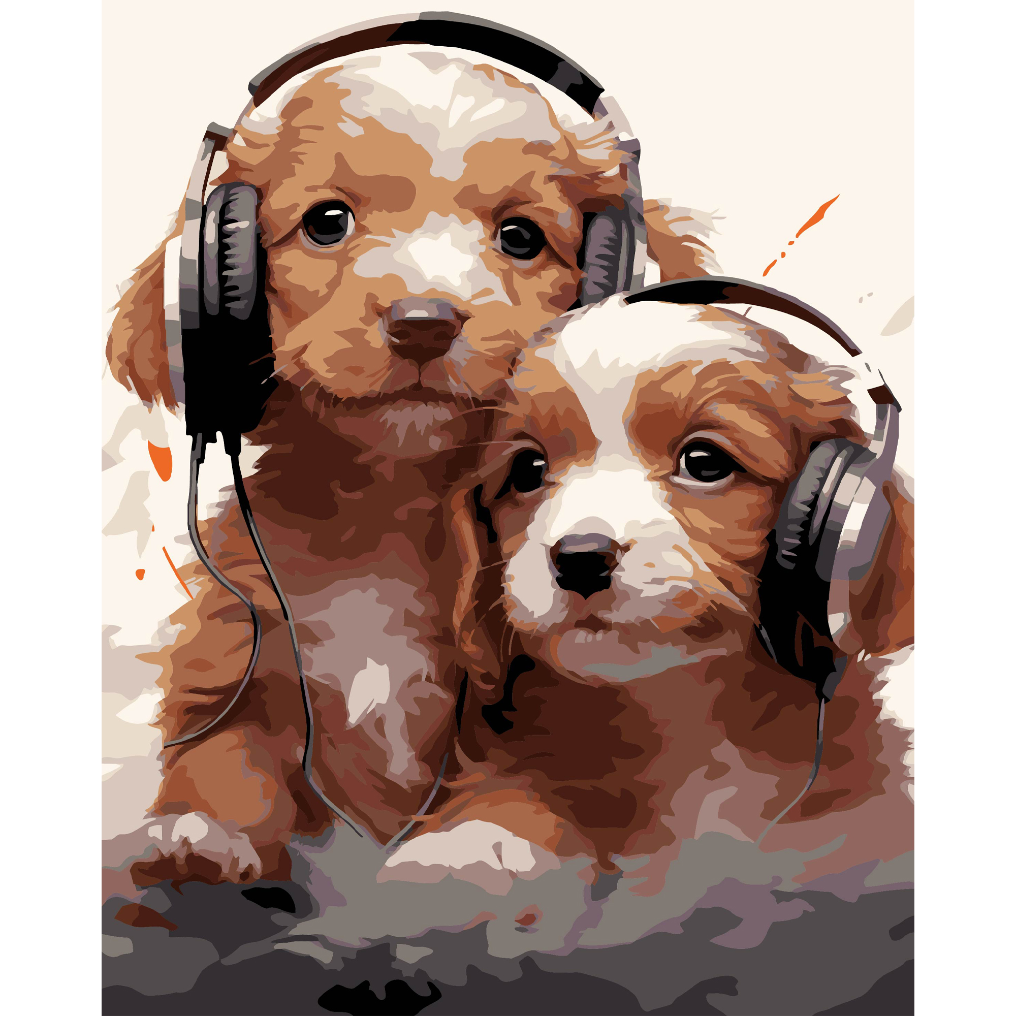 Щенки в наушниках на черном фоне 