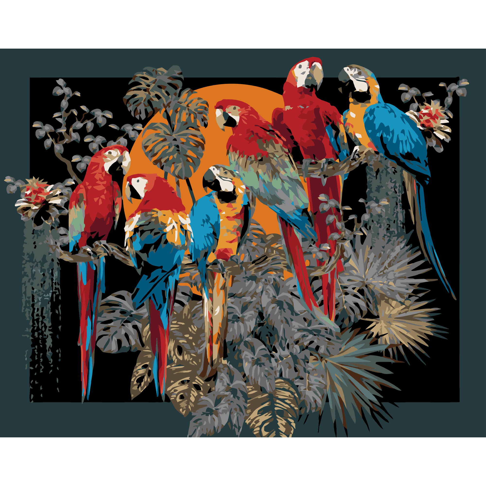 Стая попугаев на черном фоне 