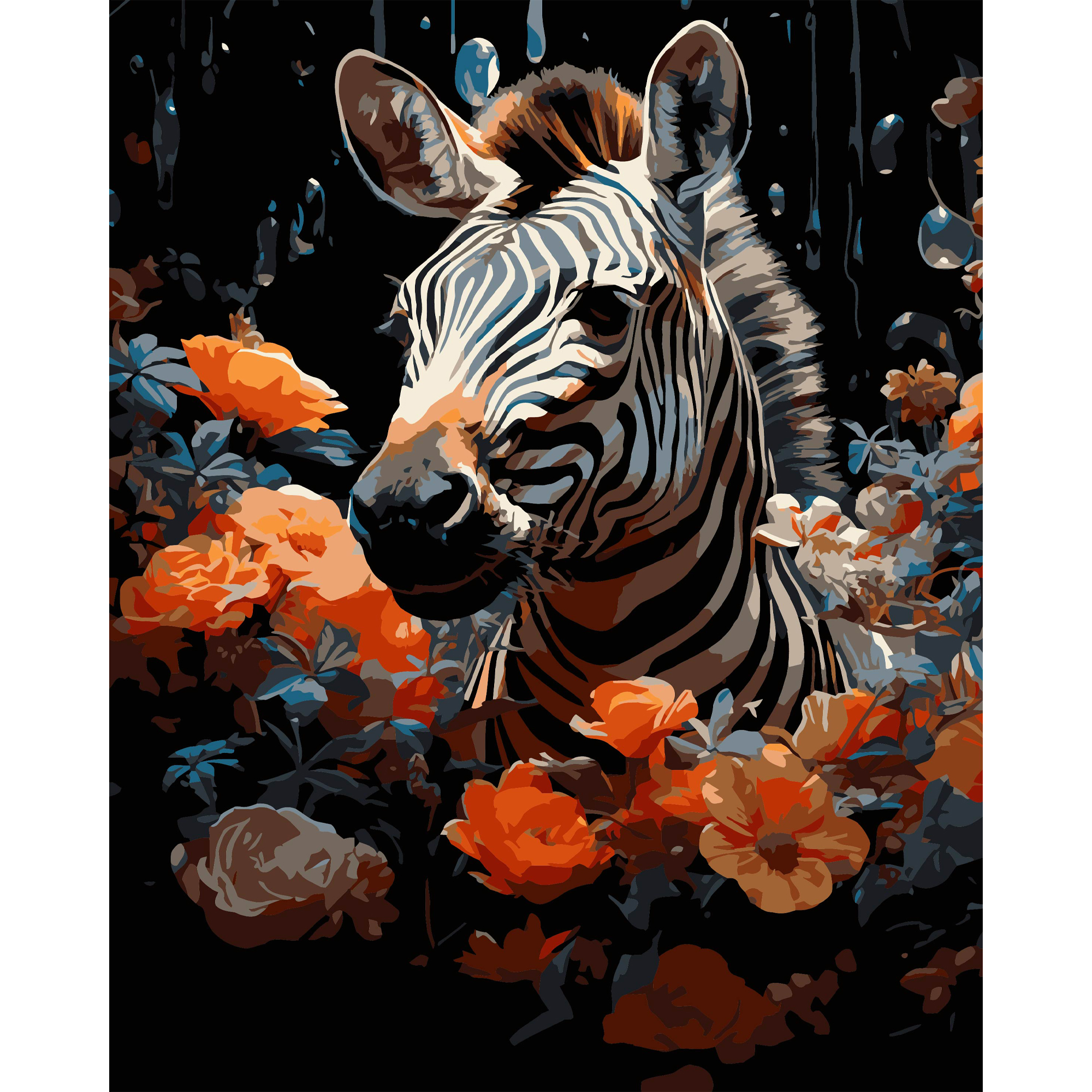 Зебра у квітах на чорному фоні 