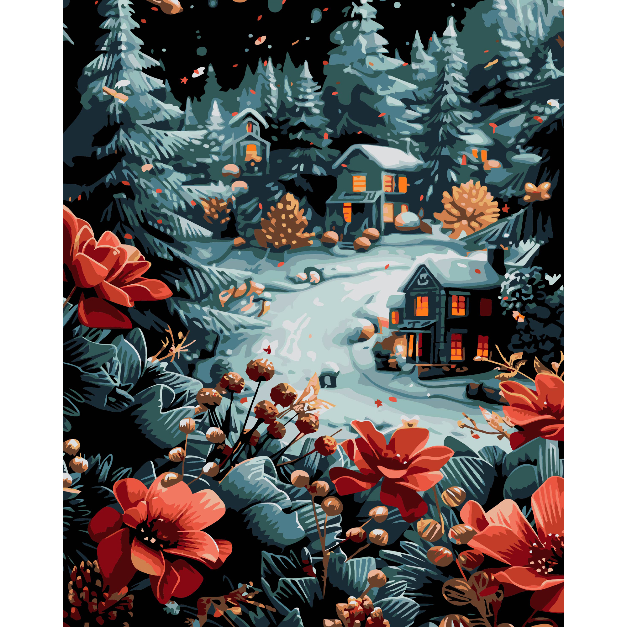 Houses in snowy Christmas trees on a black background size 