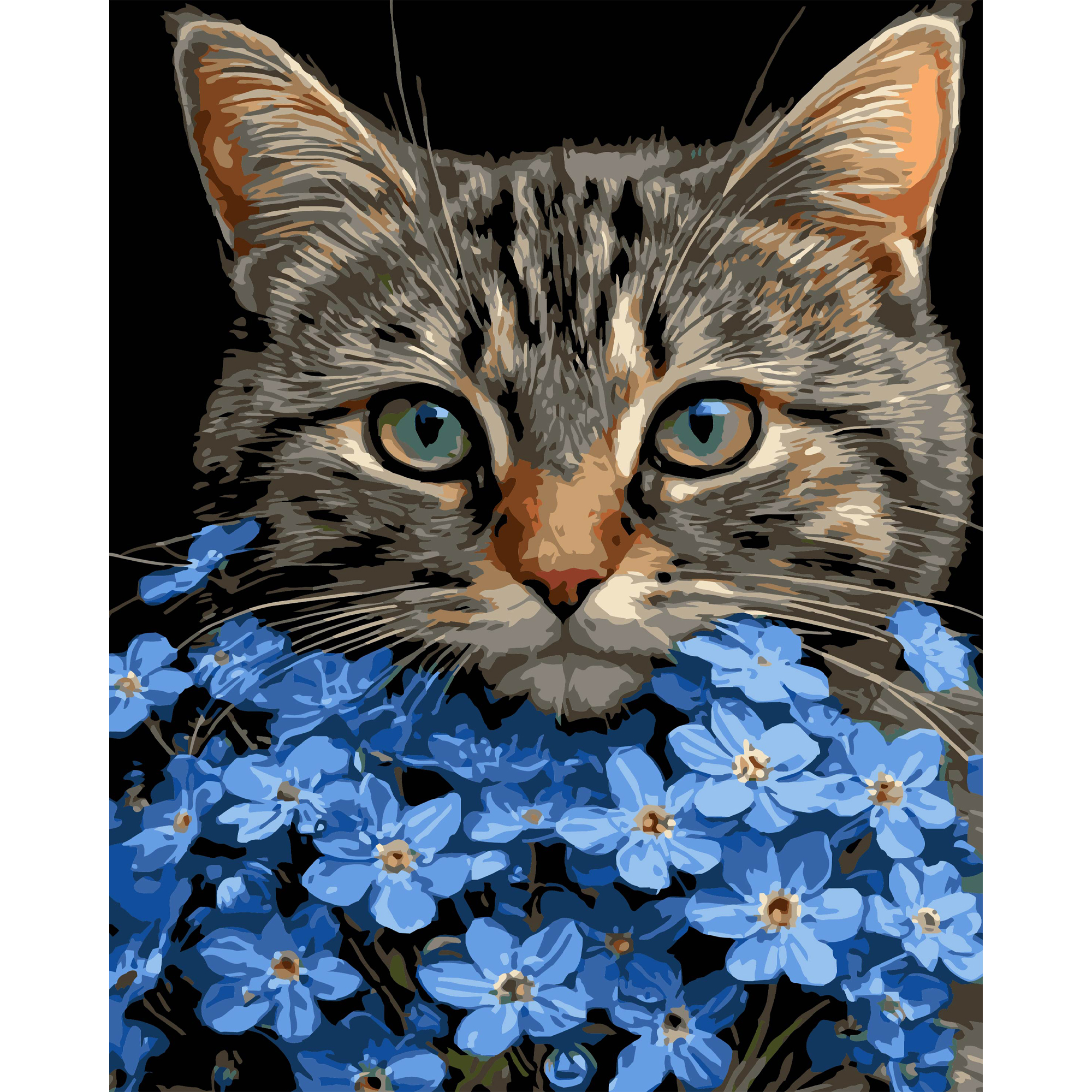 Cat among blue flowers on a black background 40Х50 (AH1273)
