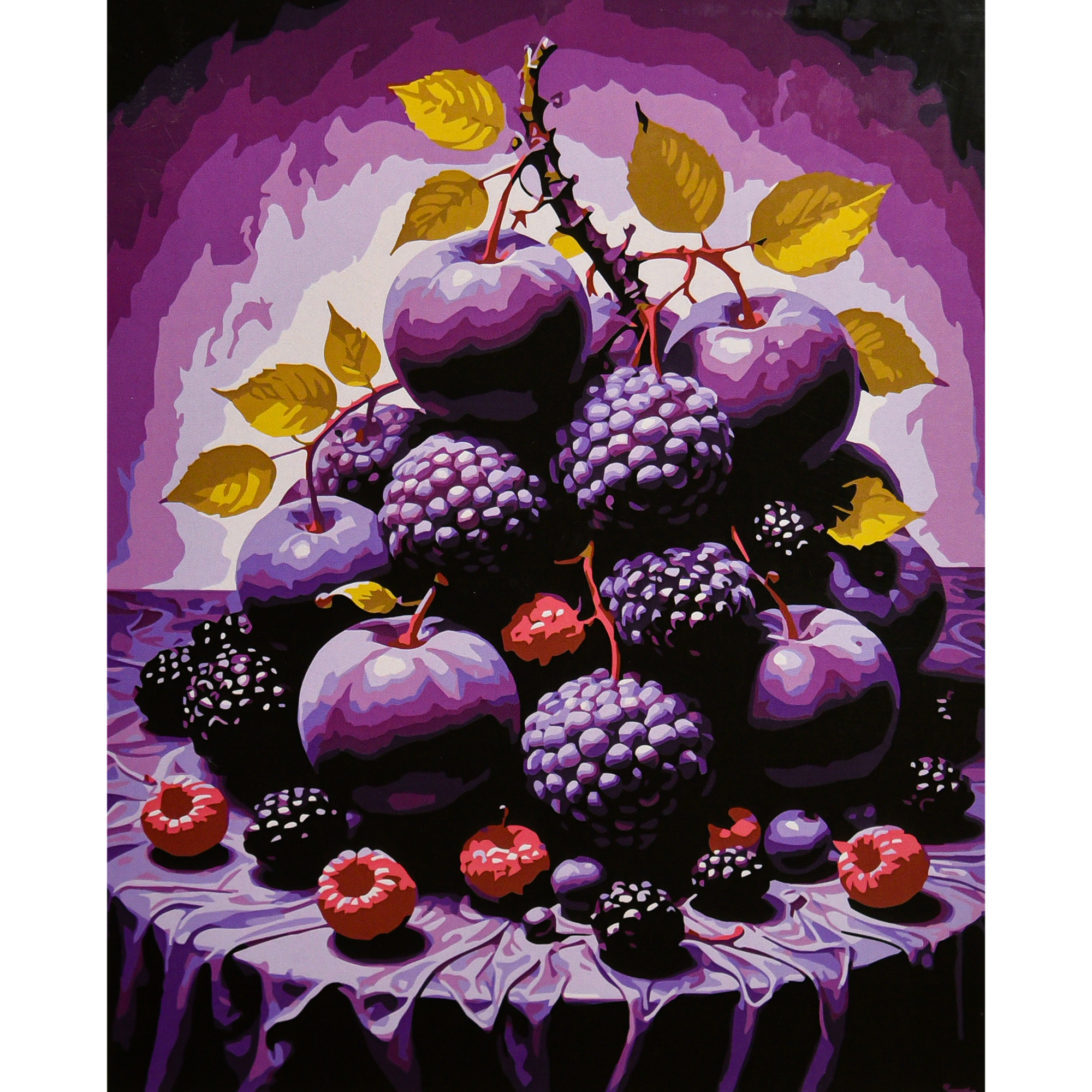 Malen nach Zahlen Strategie Pflaumenstillleben mit Beeren auf schwarzem Hintergrund 